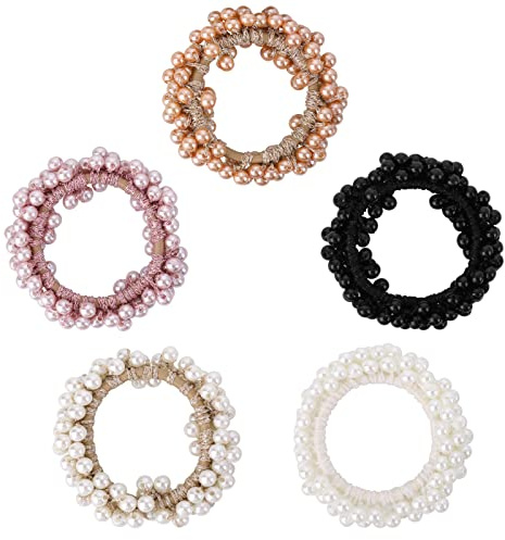 5 Piezas Diademas de Perlas Accesorios para el Cabello de Moda para Mujer Coleteros Pelo Mujer Elásticas Cuerda para el Cabello de Perlas Adornos Pelo para Niña