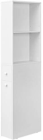 VASAGLE Badezimmschrank hoch, Hochschrank, Badschrank schmal, freistehend, mit Schubladen und höhenverstellbarer Ablage, für kleine Räume, modern, klassikweiß BBK567T14