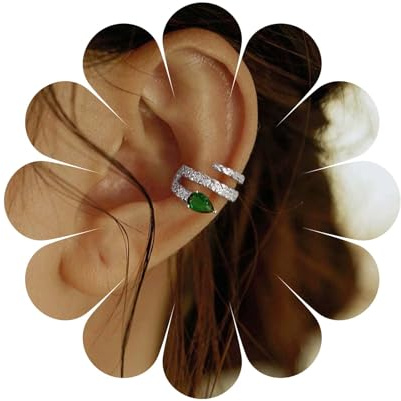 Aneneiceera Boho Cz Esmeralda Círculo Cuff Pendientes De Plata De Ancho Anillo De Hélice De Cristal Verde No Perforados Clip En Minimalista Earcuff Pendientes De Joyería Para Mujeres Y Niñas (plata)