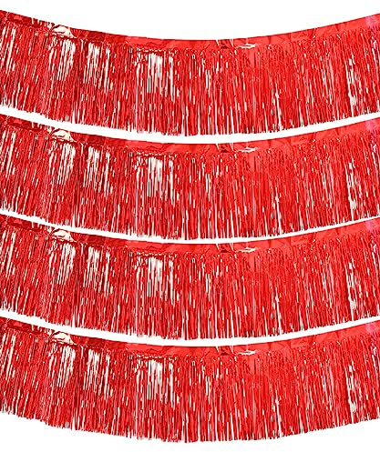 4 Packs 10 Feet Long Foil Fringe Garland Shiny Metallic Tinsel Wall Hanging Banner for Car Parade Floats Wedding Birthday Parties Ceremonies Baby Shower Garden Decorations (Red)