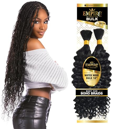 Sensationnel Empire Bulk Hair Braiding - Water Wave Human Hair, 18 Inch, 1B Off Black, Kinky Wavy Curly, Sew-In/Weft, 1.44 Inches