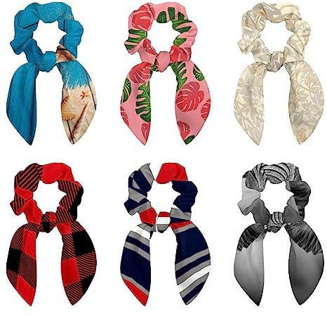 6PCS Hair Scarf Scruncheis for Women Girls, Ribbon Bow Elastic Hair Ties Bands Satin Hair Ribbon Scrunchy Ponytail Holder Accessories,Palm Leaves Pattern Green Pink