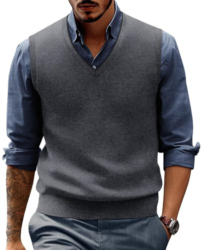 PaulJones Strickweste Herren Woll Business Pullunder V-Ausschnitt Elegant XL V-Dunkelgrau