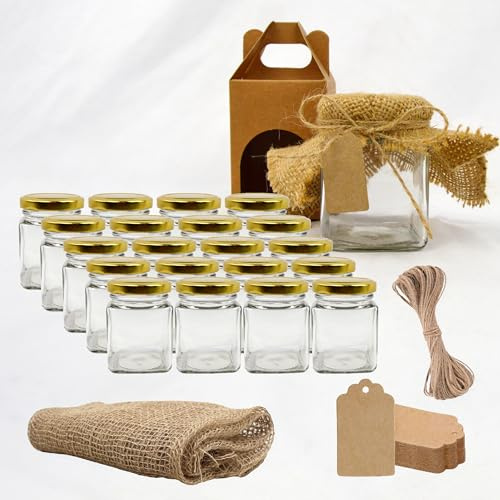 Espirito Rebelde Set 20 Barattoli di Vetro Quadrati 150 ml + 20 Scatole, Etichette Kraft, Tessuto e Spago – Vasetti per Spezie e Marmellata | Bomboniera