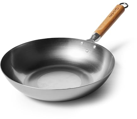Sur La Table 12 Carbon-Steel Wok, Flat Bottom Pan for High-Heat Cooking – Ideal for Deep-Frying, Steaming, and Stir-Frying– Lightweight, Fast Heating