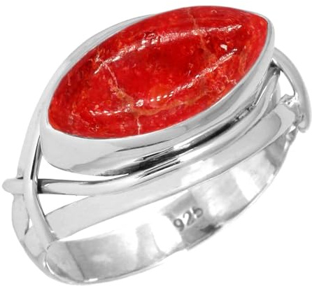 Jeweloporium Bague en argent sterling 925 avec corail éponge rouge, taille 60,5, pour femme, bijou bohème avec véritable pierre marquise