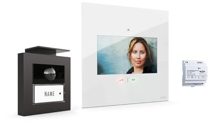 m-e Video-Türsprechanlage RFID anthrazit/weiß | Aluminium Außenstation für 1-Familienhaus | 7“ Design-Innenstation flach | Türklingel mit Kamera | Freisprechanlage Video Einfamilienhaus 4-Draht