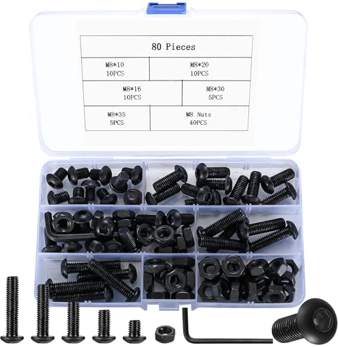 80 Pz M8 Kit Viti Bulloni e Dadi in Acciaio Legato, Testa Esagonale, Brugola e Cilindrica con Dadi Set