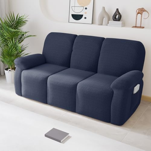 Chickwin Funda Sillon Relax Reclinable 1/2/3 Plaza, Jacquard Funda Sillón Relax Reclinable con Bolsillos Laterales, 4/6/8-Piezas Funda Sofa Reclinable, Extraíbles y Lavables (3 Plaza,Azul Marino)