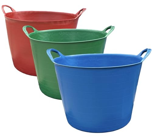 Pack of 3-42 Litre Large Robust Flexi Tub Set - Mixed Assorted Colours - Multi Purpose Flexible Rubber Storage Laundry Equestrian Garden Trug Container Buckets