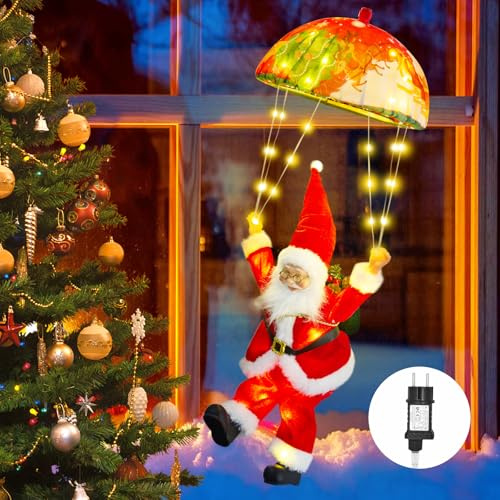 Weihnachtsmann Fallschirm Lichterkette, 63CM 70 LED Weihnachten lichterkette Stecker mit Timer, 8 Modi, Weihnachtsbeleuchtung für Innen Außen Weihnachtsdeko Fenster Weihnachtsbaum Balkon (Warmweiß)