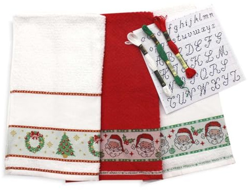 3 Pezzi di Strofinacci di Natale di cui due pezzi da Ricamare a Punto Croce con 3 Matassine di filo moulinè e uno Schema Ricamo, Set di 3 Canovacci Natalizi + 3 Matassine di filo + 1 Schema Alfabeto