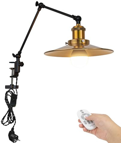 FSLiving Industrial Klemmleuchte mit Fernbedienung, Einstellbar Clip auf Schreibtisch Leselampe,Dimmbar Clamp Nachttischlampe mit Flexarm für Schreibtisch Nachttisch Regal Messing- TD/2773