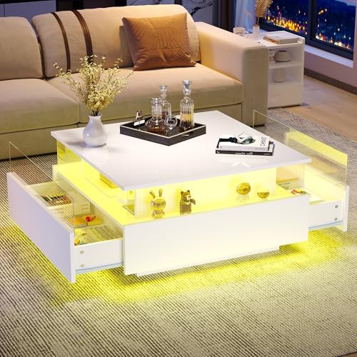 NNJN Modernes Hochglanz-LED-Couchtisch Kaffeetisch 70 * 70 * 41cm mit 2 Schubladen und transparentem Präsentationsbereich – Belastbar bis 30 kg, ideal für stilvolle Wohnzimmer (Weiß)