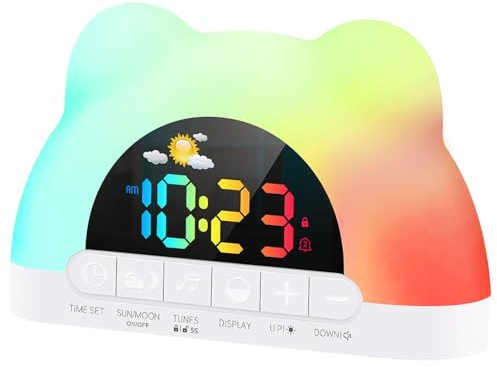 ueslwser Kids Alarm Clock, Toddler Sleep Training Clock with Sun & Moon,11 RGB Color Night Lights, Wake Clock for Girls Boys Teenagers, Sleeping Reminder Dual Alarms