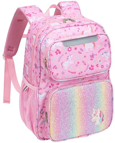 Bagseri Kinderrucksack Mädchen 15L - Leichter Schulrucksack für 5-8 Jahre | Isolierfach, DIN A4 Fach, Ergonomisch, Rucksack für Vorschule bis 2. Klasse mit Brustgurt & Reflektoren, Rosa Einhorn