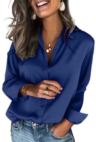 Zeagoo Camicia da Donna Elegant in Raso Maniche Lunghe con Scollo a V Blusa | di Seta Camicetta Basic con Bottoni Unita Maglietta Shirt S-XXL