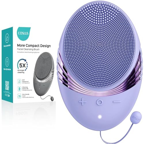 COSLUS Face Scrubber Facial Cleansing Brush: 5 Modes Rechargeable & IPX7 Waterproof​ for Sensitive Skin, Deep Cleaning Removing Blackhead Exfoliating Massaging Home Care & Business Travel​ (Purple)
