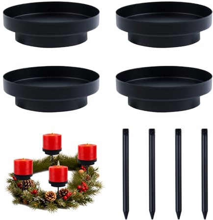 Joxessaien Kerzenhalter Adventskranz Schwarz 4er Set, 2in1 Stabkerzenhalter & Kerzenteller Metall, Abnehmbar 8cm Kerzenständer, Kerzenstecker Halterung für Adventskranz & Stumpenkerzen