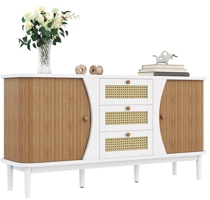 MUZHIXIANG Buffet en rotin avec portes coulissantes, 3 tiroirs, étagères réglables et plateau arrondi, armoire de rangement en bois pour salon, salle à manger et couloir (blanc)