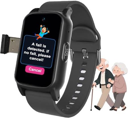 VCYEX Reloj Localizador Personas Mayores, Detección De Caídas SOS GPS Posicionamiento para Personas Mayores, Reloj Inteligente con Boton Emergencia AncianosBlack,1.25 * 0.57 * 2.22inch