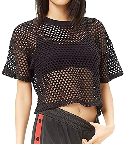 Haut en maille filet pour femme - T-shirt d'été transparent à manches courtes - Chemisier fluo - Pour fête à thème - Costume de carnaval