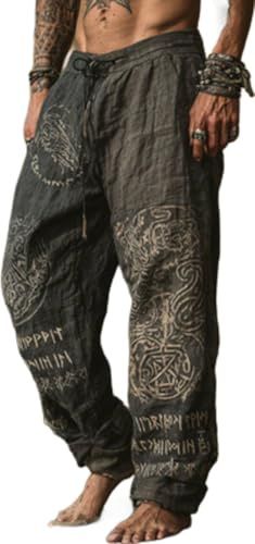 Di Yi Jia1 Pantaloni da Uomo Stile Bohemien in Misto Lino, vestibilità Ampia, Pantaloni Harem con Stampa Digitale e Polsini Elastici L