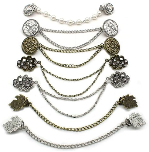 Sweater Clips 7 PCS - Retro Shawl Dresses Clips with Chains, Serration Attachment Zinc Alloy Cardigan Cloak Clasp for Women Girl