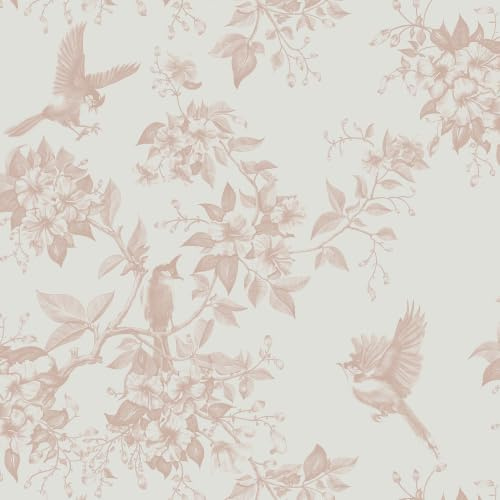 Yomshi Self Adhesive Wallpaper 44 x 300 cm Vintage Pink Wall Paper Roll Bird and Floral Contact Paper Waterproof Easy to Apply Renter Friendly Vinyl Film for Table Living Room Bedroom