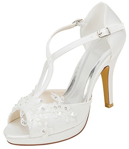 Emily Bridal Wedding Shoes Women's Silk Like Satin Stiletto Heel Peep Toe Platform with Stitching Lace Pearl (EU39/UK6, Ivory)