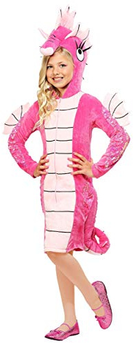 Fun Costumes Kid's Girl's Seahorse Costume Animal Dress with Front Zipper, Sequin Accents and Stuffed Hood and Tail Pink, Large