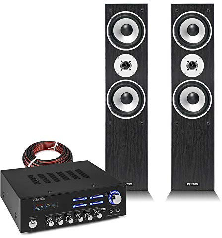 Fenton SHFT60B HiFi Tower Speakers Pair with AV120BT Amplifier - Powerful Home Audio System, Bluetooth, 3-Way Design, 800W, Bass Reflex, USB/SD Inputs, Remote Control, FM Radio, RCA Input