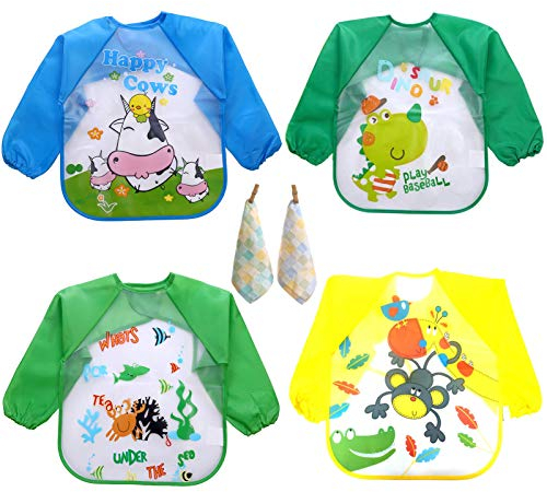 4Pcs Baby Bibs with Sleeves, Waterproof Long Sleeve EVA Boy Bib Feeding Bibs Apron Printed Dinosaur Monkey Cows Crab, Bandana Drool Baby Bib with 2 Baby Towel for Infant Toddler 6Months to 3Years Old