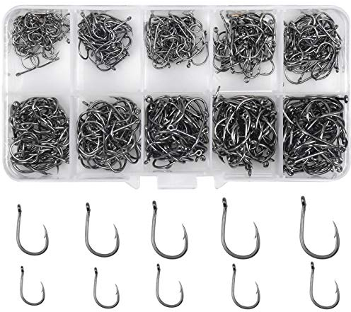 Skyzone Angelhaken, verschiedene Größen (3#-12#), Karbonstahl, Fischhaken mit Widerhaken, Meeresangeln, mit Kunststoffbox, für Süß- und Salzwasser, 500 Stück
