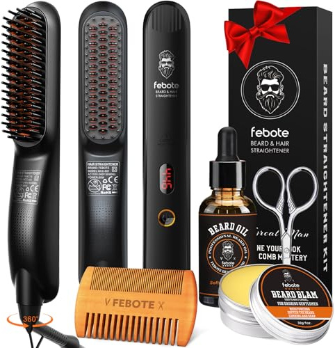 Beard Straightener Kit w/Beard Straightener, Beard Balm, Beard Growth Oil, Beard Styling Comb & Scissors, Upgraded 5-in-1 Beard Straightening, Unique Stocking Stuffer Gifts for Friend, Father & Him