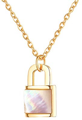 MENDOZZA Collana da donna con lucchetto in madreperla in acciaio inox, con ciondolo a forma di padlock, in argento e oro rosa, 45 cm, 45 cm, Acciaio inossidabile, Mendozza