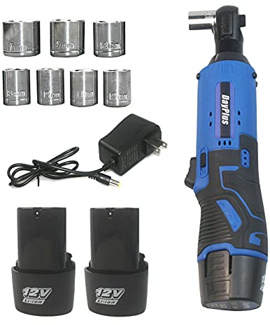 DayPlus 3/8 Inch Cordless Ratchet Wrench 12V Impact Cordless Ratchet Wrench with 2pcs 1500mAh Lithium-lon Batteries & 1pc Fast Charger 7 Scockets Built in LED 365 in-lbs Torque | Built-in LED Light, 230RPM, Forward/Reverse Rotation, Electric Right Ratchet for Car Repair and DIY Projects