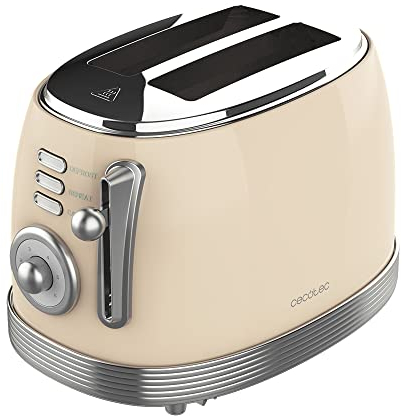 Cecotec Tostadora Toast&Taste 800 Vintage Light Beige. 850 W, Doble Ranura Corta Extra anchas de 3,8 cm, 2 Tostadas, Acabados en Acero Inoxidable, Estilo Vintage, 3 Funciones, Beige