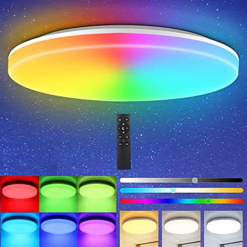 RGB LED Deckenlampe Dimmbar mit Fernbedienung, 36W 3600LM Deckenleuchte Farbwechsel mit 7 Farben, IP54 Wasserdichte Badezimmerleuchte für Wohnzimmer, Schlafzimmer, Kinderzimmer Bad Flur φ33*4.8cm