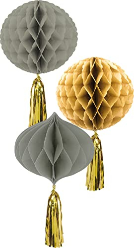 Folat B.V.-Folat 68484 Golden Dawn Decoración Bola Gris Oro 3 piezas-pompones, bolas de panal, guirnaldas de papel para cumpleaños, bodas, suministros de fiesta, multicolor, 30 cm