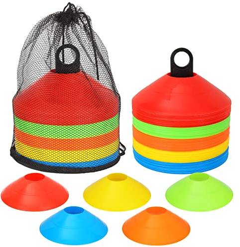 MIVIDE 100pcs Plots Sport, 19x5cm Plots Football Entrainement, Plots de Marquage avec Support et Sac Filet, Cône de Disque pour Délimitation, Entraînement, Football, Marquage (5 Couleurs)