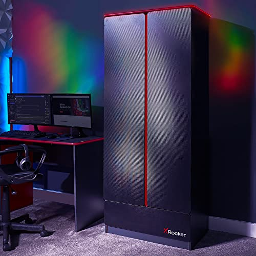 X Rocker Carbon-Tek 2 Türer 1 Schublade Kleiderschrank mit mehrfarbigen LED-Lichtern, Doppeltüren, Kleiderschrank mit Kleiderstange und oberem Regal, Gaming Schlafzimmer Möbel - Grau