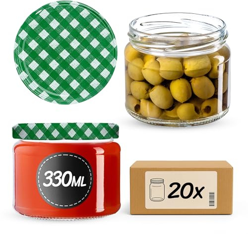 KADAX Frascos de Vidrio con Tapa, Botes Herméticos, Tarros de Conservas con Tapa de Rosca, Tarros de Mermelada de 330 ml, Tarros para Mermeladas, Miel, Tapón de Rosca (Cuadros Verdes/20 Unidades)