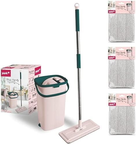 York Bodenwischer Mop Set Handy | Flach, Schwenkbar mit Zwei Kammer Putzeimer | Wischmopp mit Auswringfunktion | Nass-Trocken Reinigungs | Für alle Böden Geeignet | 3 Extra-Kartuschen