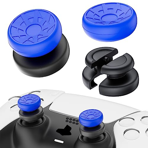 PlayRealm NO Falling Off Thumbstick Extender & Silicone Grip Cover 2 Sets for PS5 & PS4 Controller (Turbo Dark Blue)