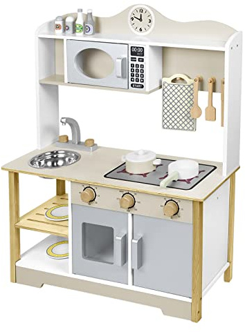 Aufun Cucina giocattolo in legno, cucina in legno con elettrodomestici da cucina inclusi 14 giocattoli accessori per cibo e pentole, giocattolo per bambini dai 3 anni in su, 68 x 26 x 78 cm
