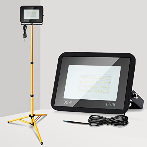 Yakimz Projecteur de chantier LED avec trépied, 30 W, projecteur IP66, étanche 6000 K, blanc froid, 2550 lm, projecteur extérieur pour chantier, garage (pas de fiche)