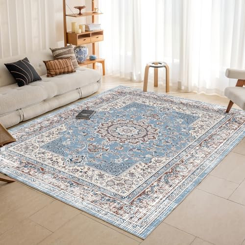 OMERAI Teppich Groß 200X290CM Wohnzimmer Schlafzimmer Kurzflor Boho Rutschfest Waschbarer Blau
