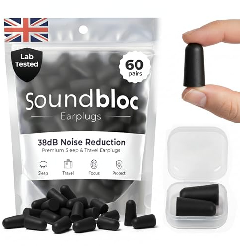 Soundbloc Earplugs™ Thermo Foam Noir (60 Pairs) – Foam Ear Plug for Sleeping Travel Work High Noise Cancelling Protection Motorsports 38dB – M/L