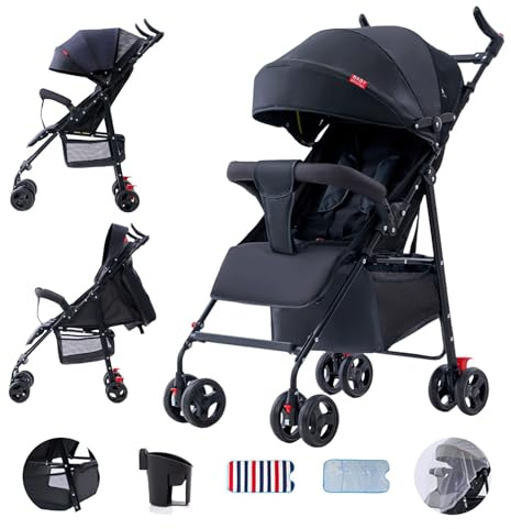 Baby Kinderwagen,0–3 Jahre, 0–25 kg,Buggy Klein Zusammenklappbar Kinderwagen mit 3 Liegepositionen,Moskitonetz und Getränkehalter,360° drehbares Pufferrad, buggy mit liegefunktion (Black)